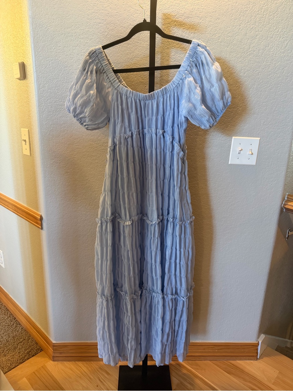 Smocked Puff-Sleeve Maxi Dress in Light Blue